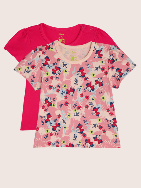 

YK Disney Infant Girls Red and Pink Pack of 2 Floral Print Round Neck Pure Cotton Tops