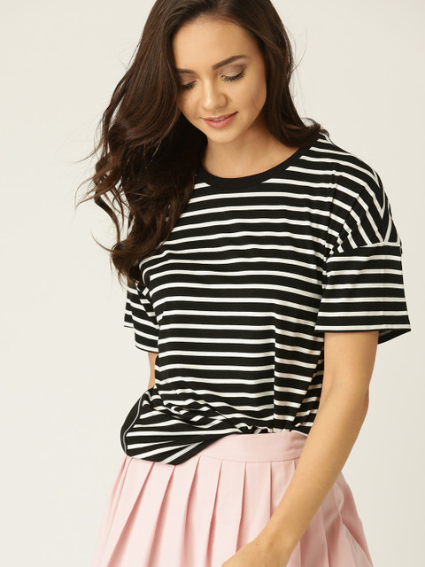 

ESPRIT Women Black & White Striped Round Neck T-shirt