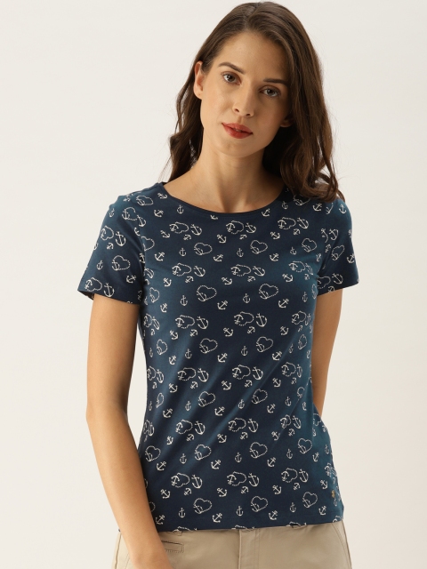 

ESPRIT Women Navy Blue Printed Round Neck T-shirt