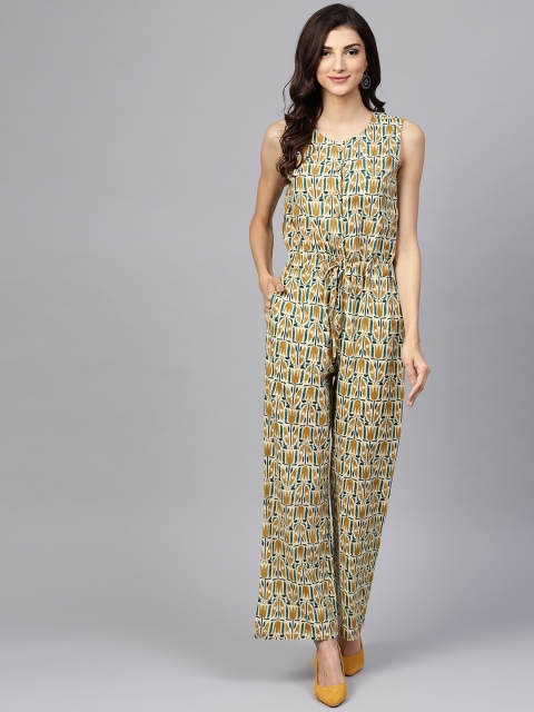 

Yuris Cream-Coloured & Olive Green Printed Basic Jumpsuit