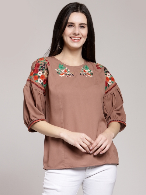 

plusS Women Brown Solid Top with Embroidered Detail
