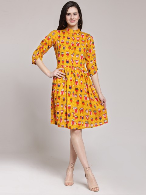 

plusS Women Mustard Yellow Printed A-Line Dress