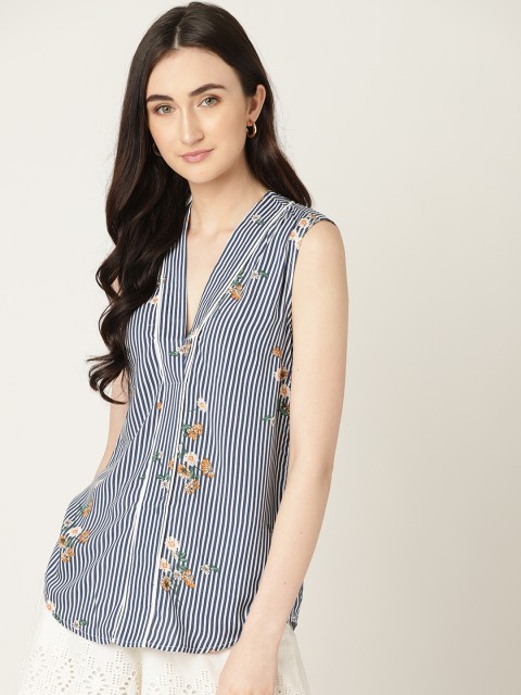 

ESPRIT Women Navy Blue & White Striped Top