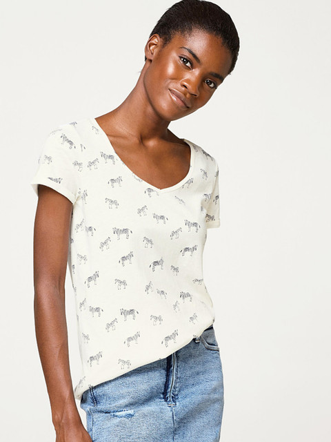 

ESPRIT Women Off-White Printed V-Neck T-shirt
