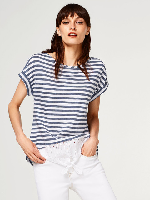 

ESPRIT Women White & Navy Blue Striped Top