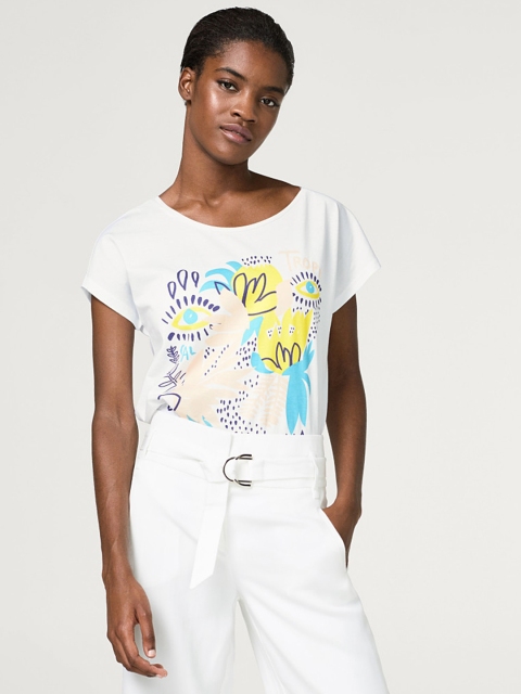 

ESPRIT Women White Printed Round Neck T-shirt