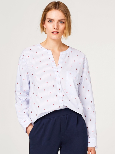 

ESPRIT Women White & Blue Conversational Printed Shirt Style Top