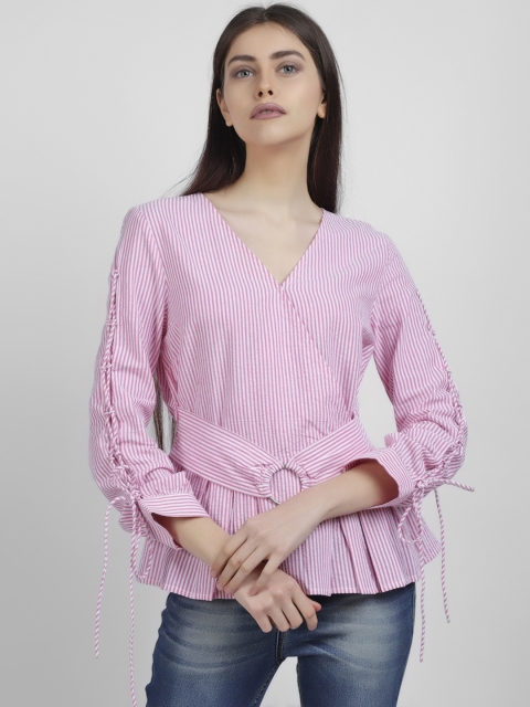 

LA LOFT Women Pink Striped Peplum Top
