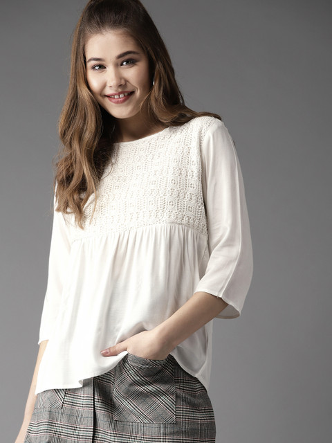 

HERE&NOW Women Off-White Crochet Styled Back Top