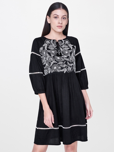 AND Women Black & White Embroidered A-Line Dress