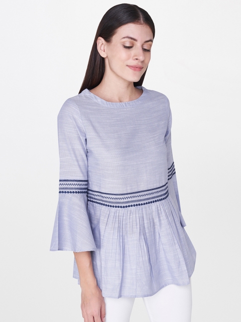 AND Women Blue Solid A-Line Pure Cotton Top