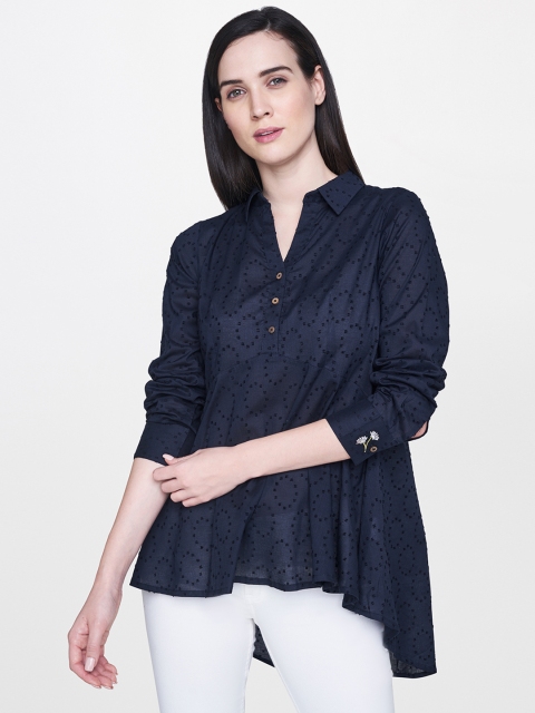

AND Women Navy Blue Self-Design A-Line Pure Cotton Top