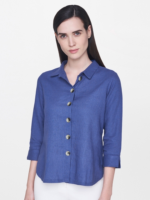 AND Women Blue Regular Fit Solid Casual Shirt