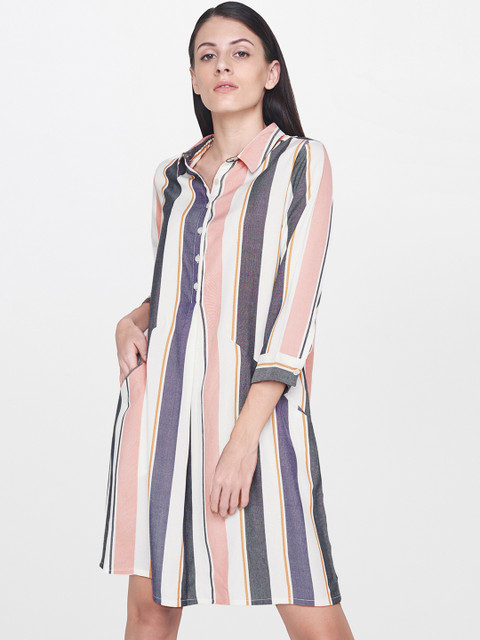 

AND Women White Striped Shirt Dress