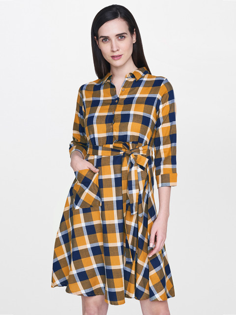 

AND Women Mustard Yellow & Navy Blue Checked Shirt Dress