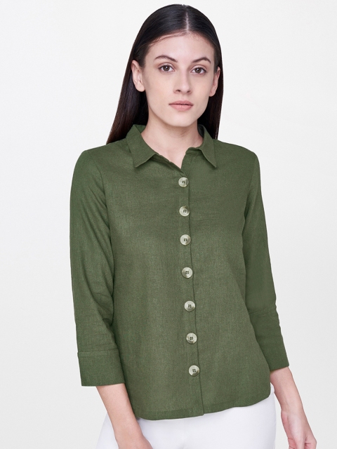 

AND Women Olive Green Regular Fit Solid Casual Shirt