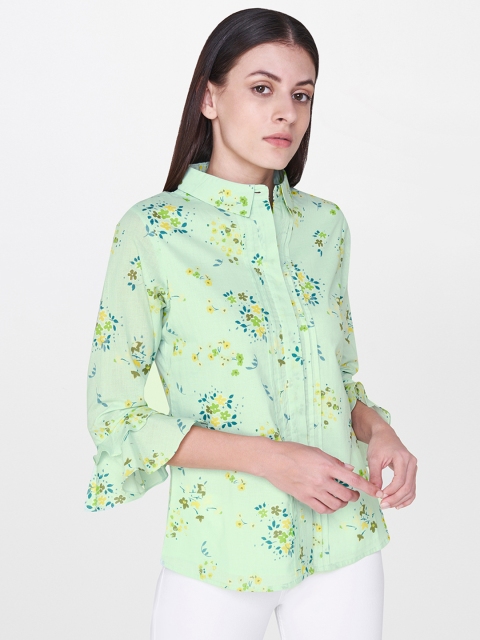 

AND Women Green & Yellow Regular Fit Printed Casual Shirt