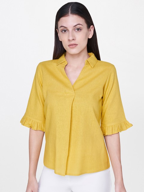 

AND Women Mustard Yellow Solid Shirt Style Top