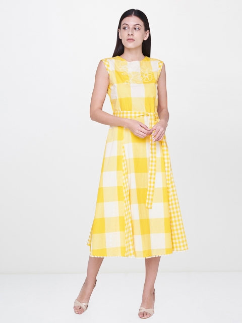 AND Women Yellow Checked Fit and Flare Dress