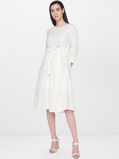 

AND Women White & Grey Striped Fit and Flare Dress