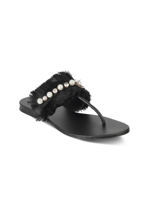 

SOLE HEAD Women Black Textured Embellished Open Toe Flats