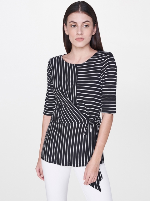 

AND Women Black & White Striped Wrap Top