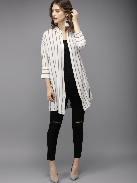 

Moda Rapido Women White & Black Regular Fit Striped Casual Longline Shirt