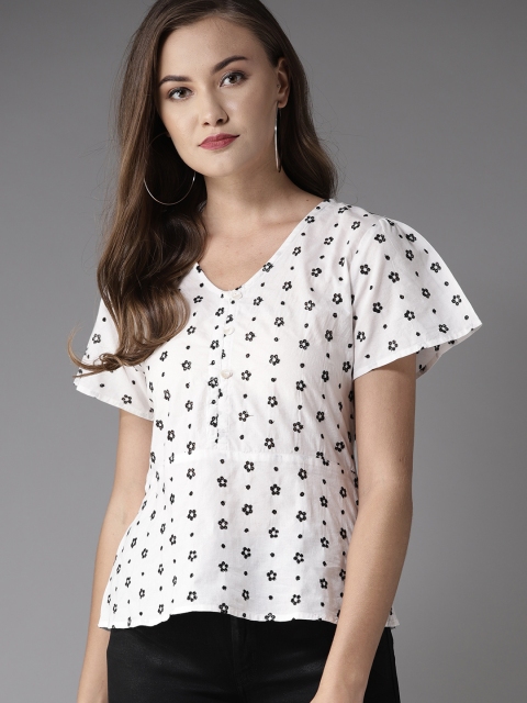 

Moda Rapido Women White & Black Embroidered A-Line Top
