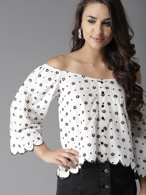 

Moda Rapido Women White & Black Embroidered Bardot Top