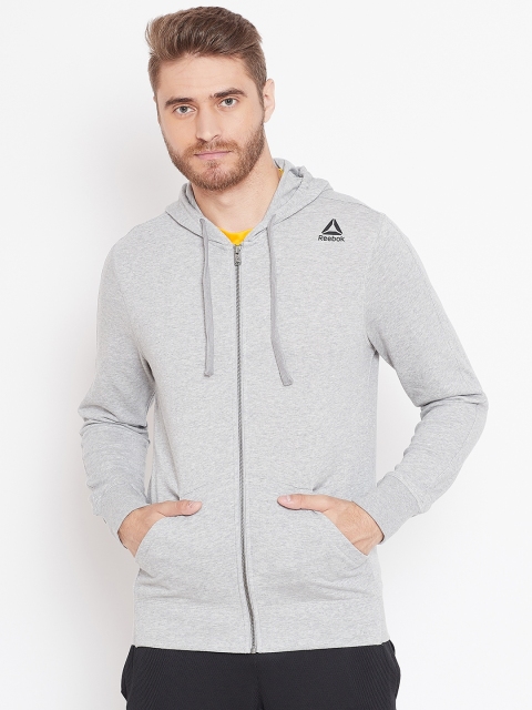 

Reebok Men Grey Melange Solid Training Essentials FZ Hooded Sweatshirt