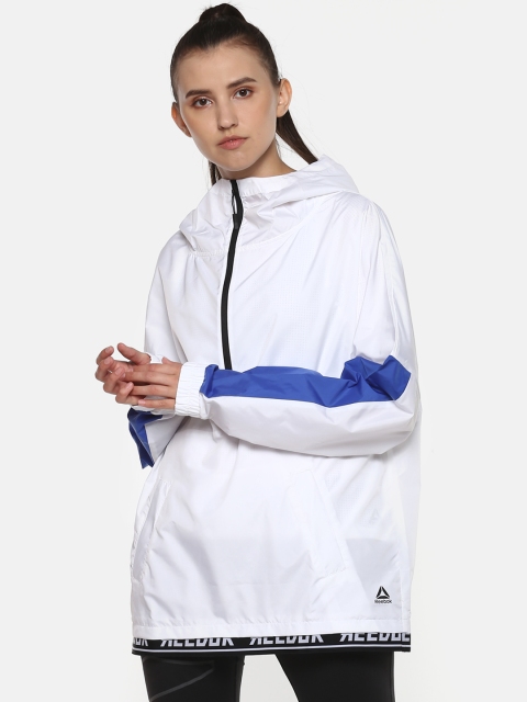 

Reebok Women White & Blue Solid Workout MYT Novelty Woven Training Track Jacket