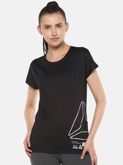 

Reebok Women Black Solid OS AC Graphic Training T-shirt