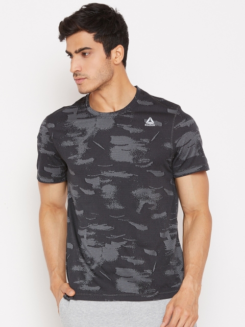 

Reebok Men Black & Charcoal Grey Self Design OSR Jacquard Running T-shirt