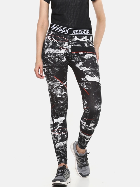 

Reebok Women Black & White Printed WOR Meet You There Dot Alt Training Tights