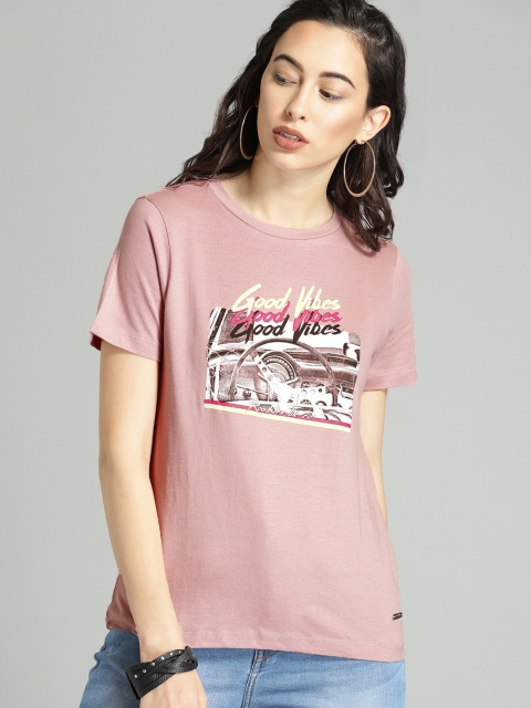 

The Roadster Lifestyle Co Women Mauve Printed Round Neck Pure Cotton T-shirt