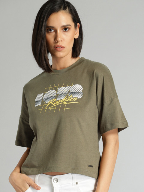 

The Roadster Lifestyle Co Women Olive Green Printed Round Neck Pure Cotton T-shirt