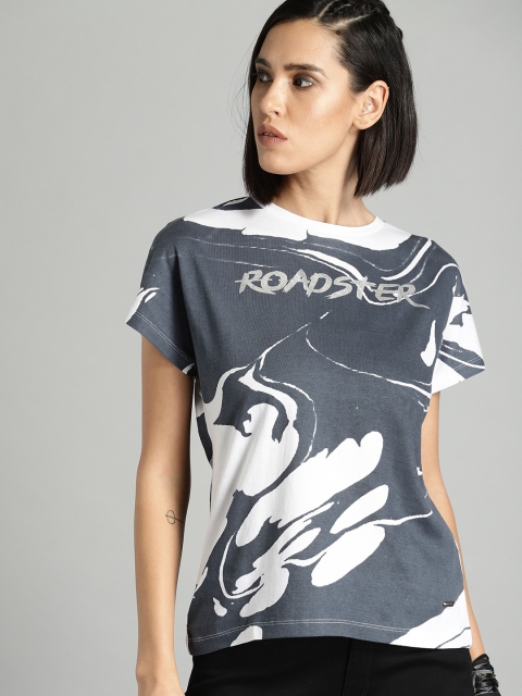 

Roadster Women Charcoal Grey & White Printed Round Neck T-shirt