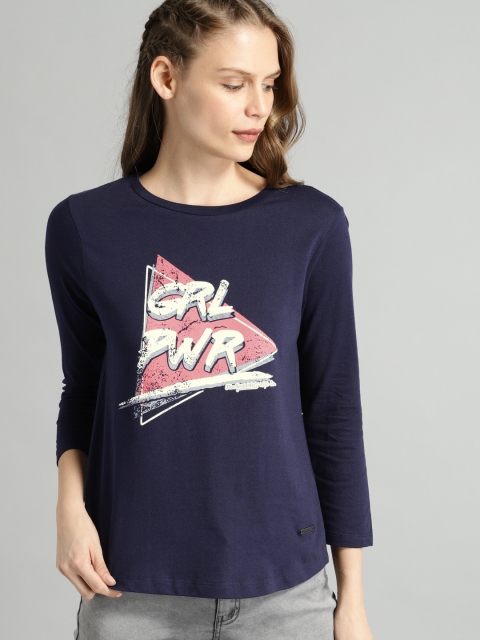 

The Roadster Lifestyle Co Women Navy Blue Printed Round Neck T-shirt