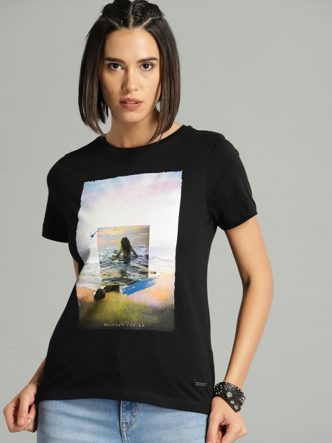 

Roadster Women Black Printed Round Neck T-shirt