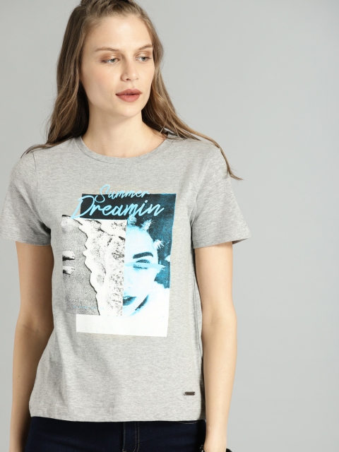 

Roadster Women Grey Melange Printed Round Neck T-shirt