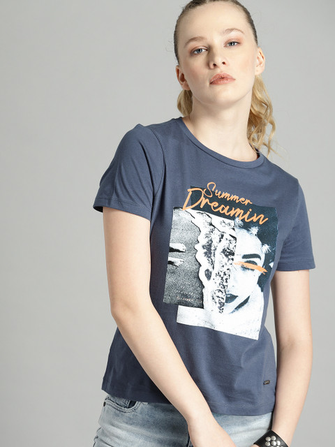 

The Roadster Lifestyle Co Women Blue Printed Round Neck Pure Cotton T-shirt