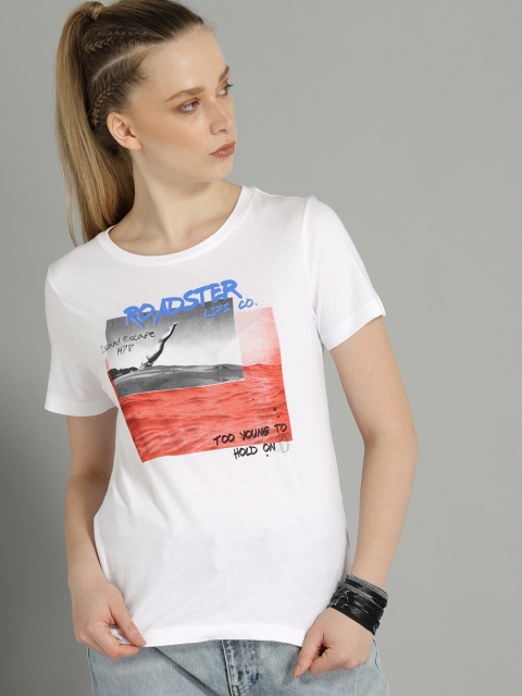 

Roadster Women White Printed Round Neck T-shirt