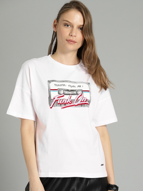

Roadster Women White Printed Round Neck T-shirt
