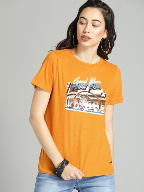 

Roadster Women Mustard Yellow Printed Round Neck T-shirt