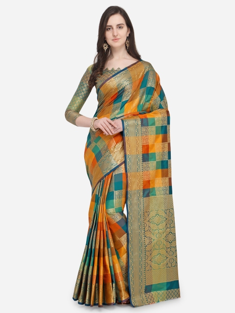 

Saree Swarg Blue & Orange Checked Banarasi Saree