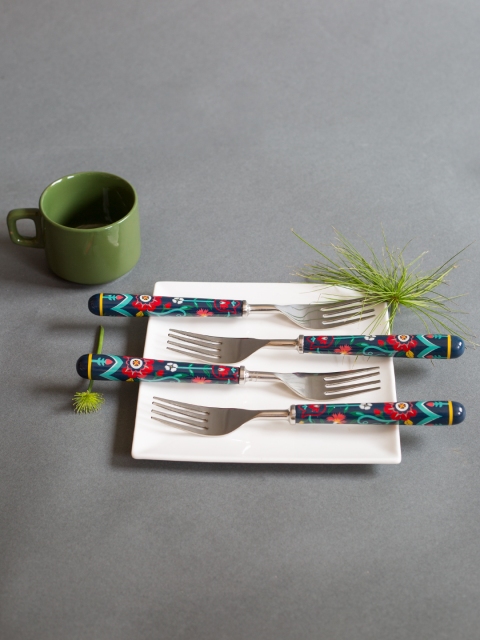 

Chumbak Set Of 4 Printed Stainless Steel Forks, Navy blue