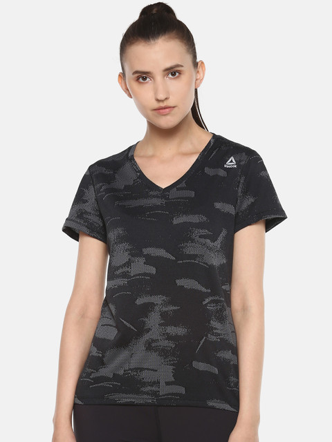 

Reebok Women Black & Grey Camouflage Pattern Running One Series Jacquard T-shirt