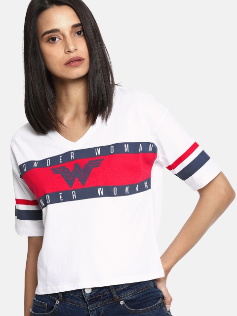 

Wonder Woman Women White Red Printed Round Neck Pure Cotton T-shirt