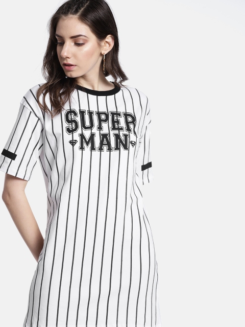

Justice League Women White & Black Striped T-shirt Dress