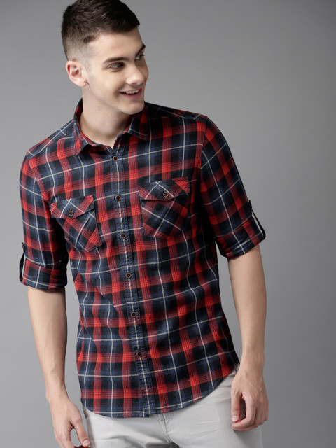 

HERE&NOW Men Navy Blue & Red Slim Fit Checked Casual Shirt